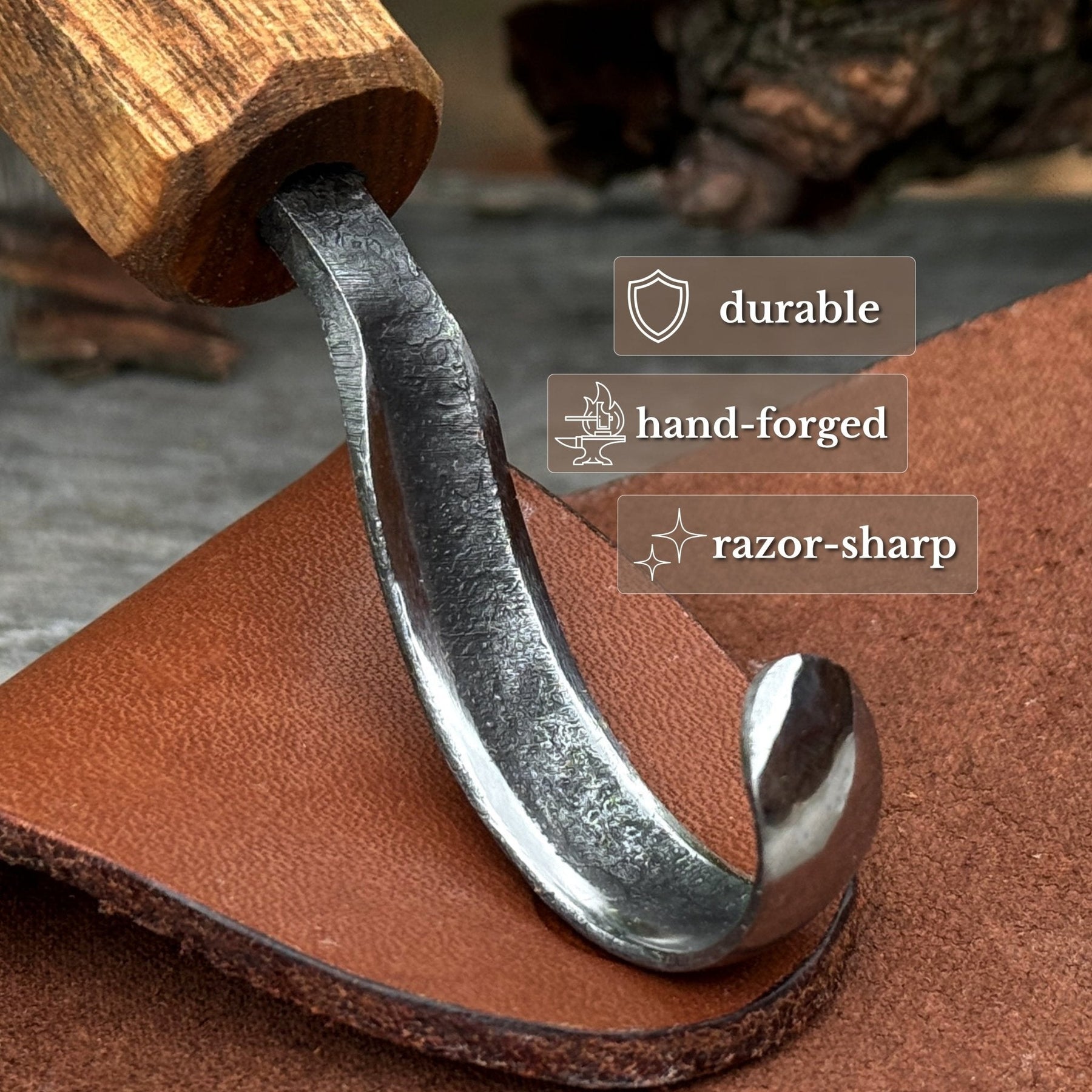 Spoon Carving Hook Knife with Leather Sheath, Blade 5.5 cm (2.17 inches)