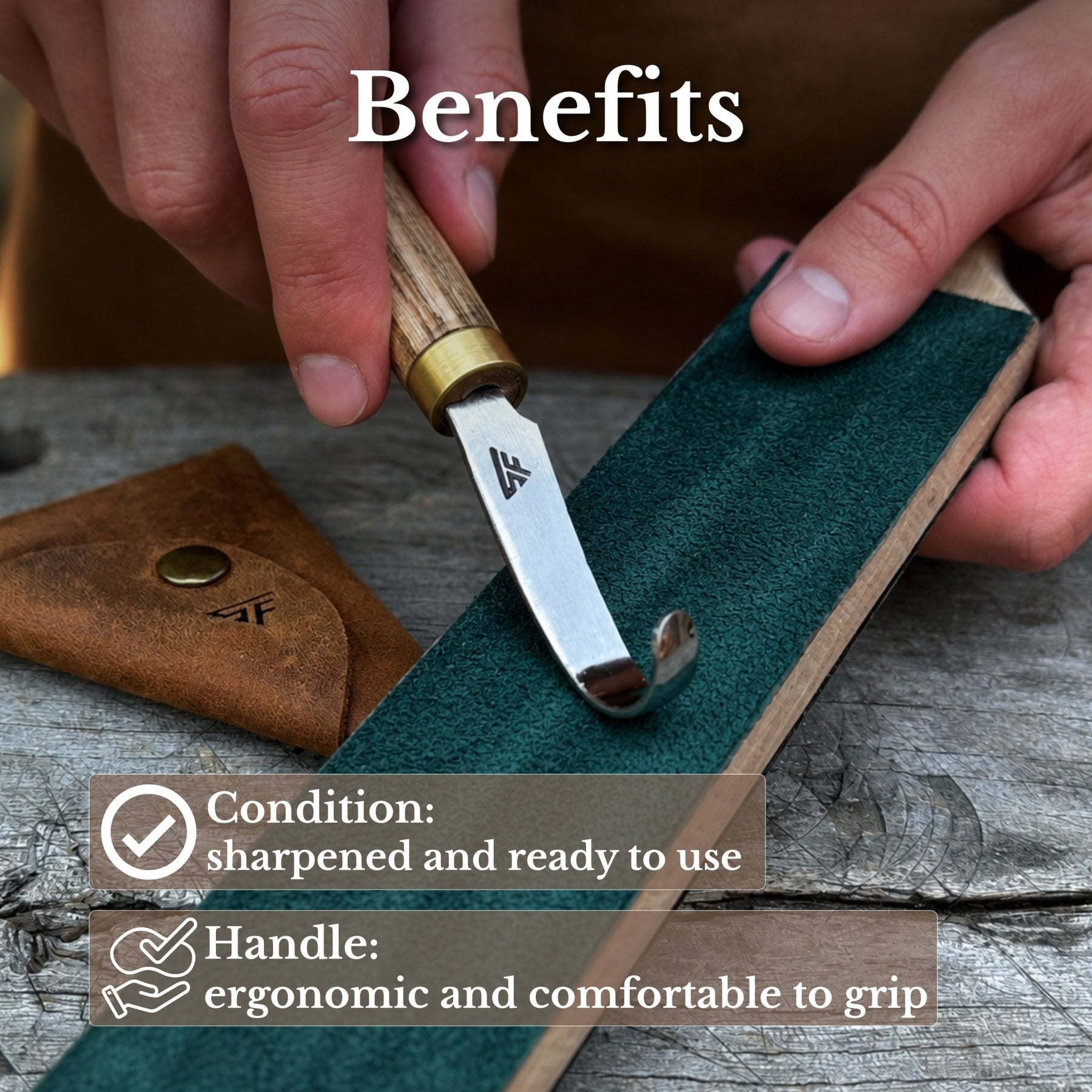 Spoon Carving Hook Knife with Leather Sheath, 4.5 cm (1.77 in)