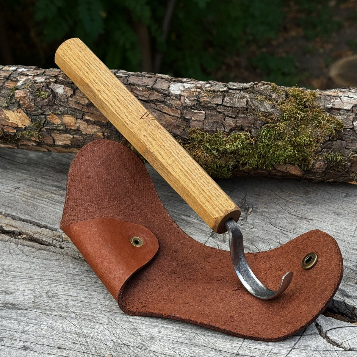 Spoon Carving Hook Knife with Leather Sheath by Sharky Forged Steel Tools — view 1