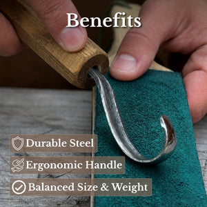 Spoon Carving Hook Knife with Leather Sheath, Blade 6 cm (2.36 inches)