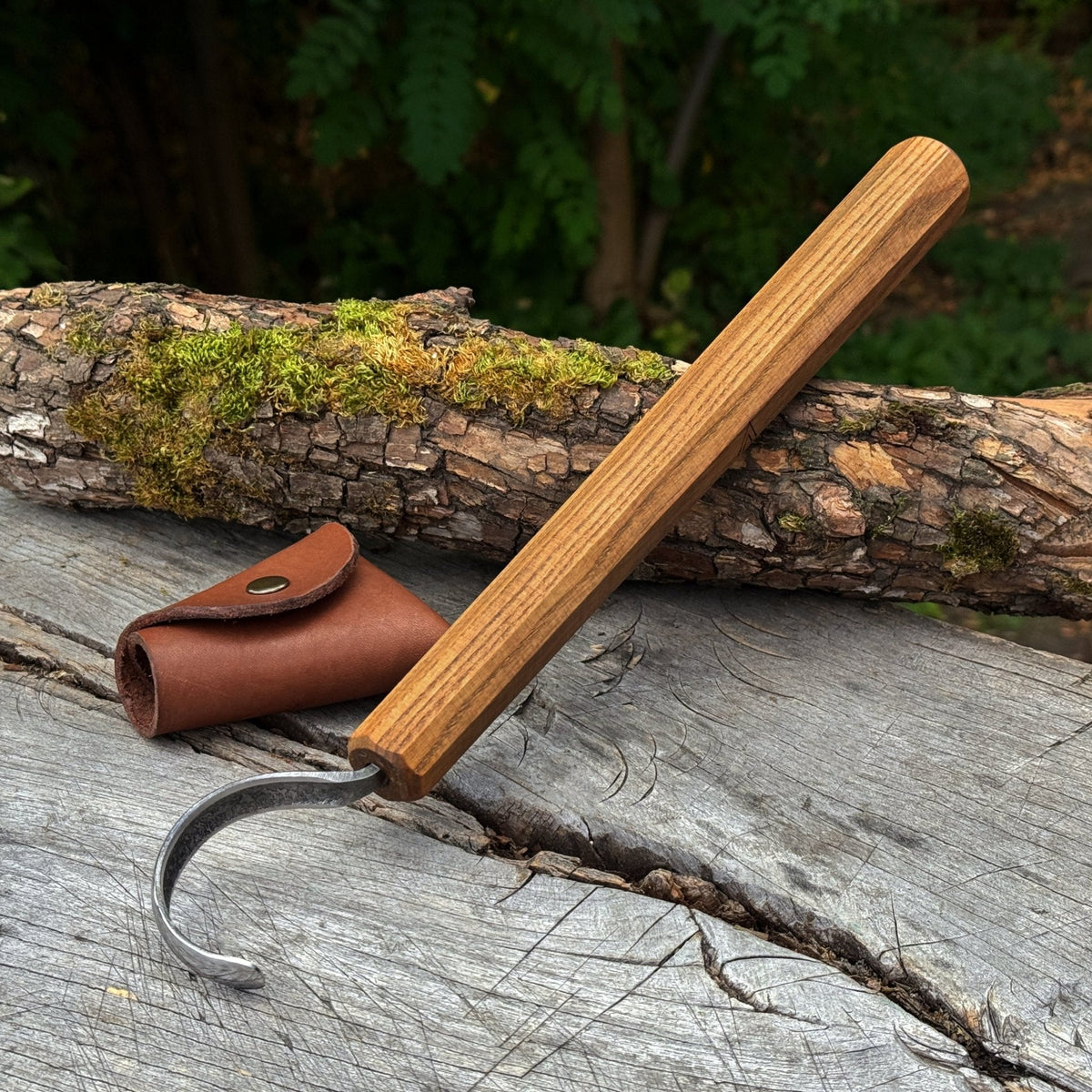 Spoon Carving Hook Knife with Leather Sheath by Sharky Forged Steel Tools — view 1