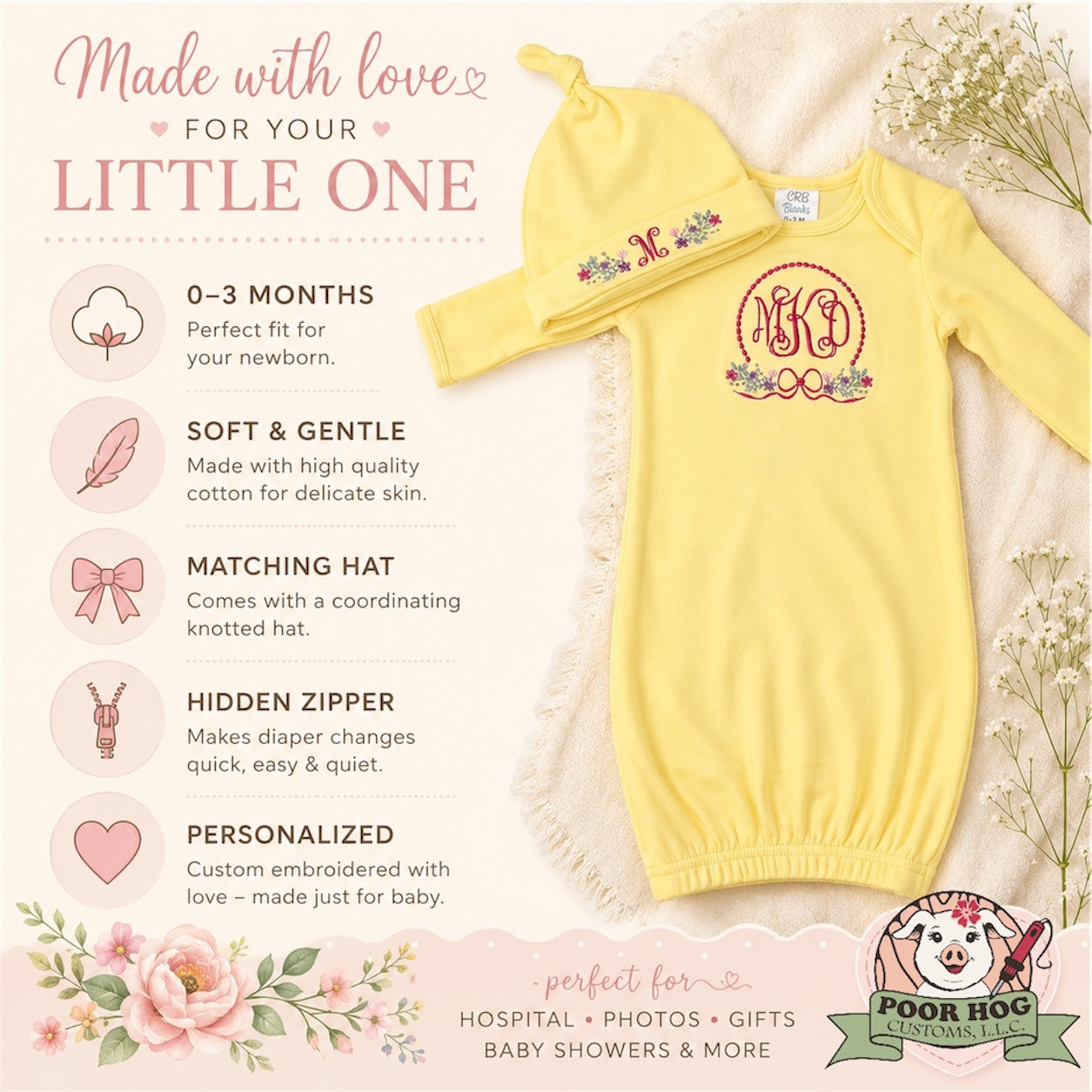 Personalized Floral Monogram Newborn Gown by Poor Hog Customs, embroidered apparel detail photo 5