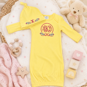 Personalized Floral Monogram Newborn Gown by Poor Hog Customs, embroidered apparel main product photo