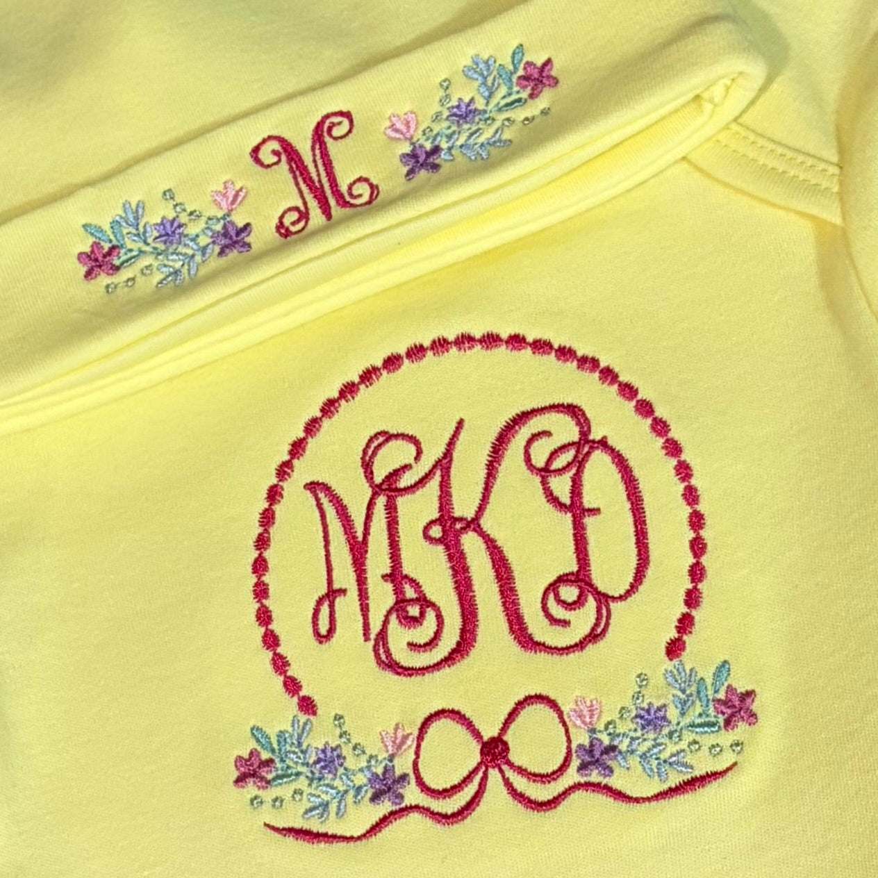 Personalized Floral Monogram Newborn Gown by Poor Hog Customs, embroidered apparel detail photo 4