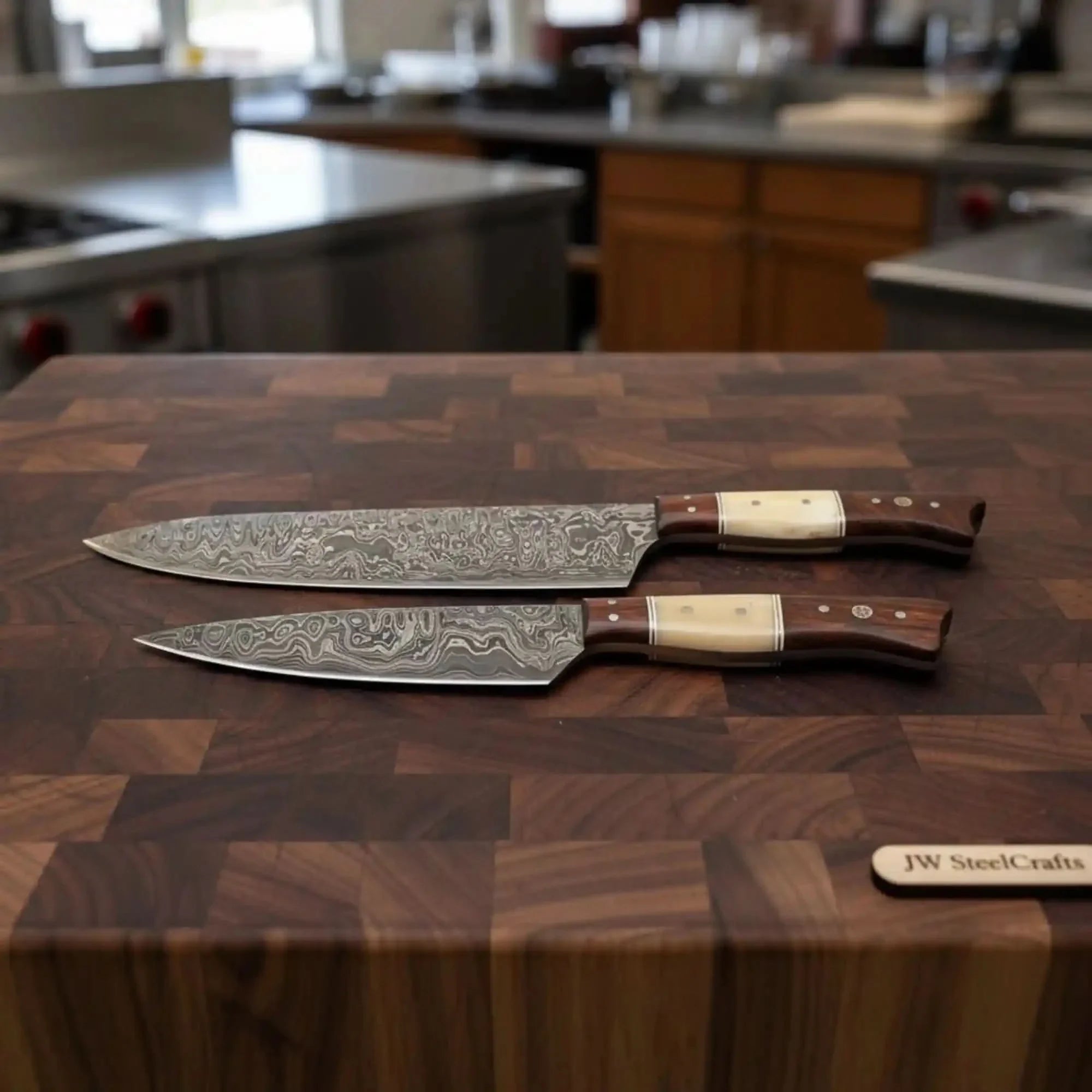 2-Piece Raindrop Damascus Carving & Utility Knife Set — 11" Blades with Bone and Rosewood Handles by JW SteelCrafts, Damascus knife main product photo