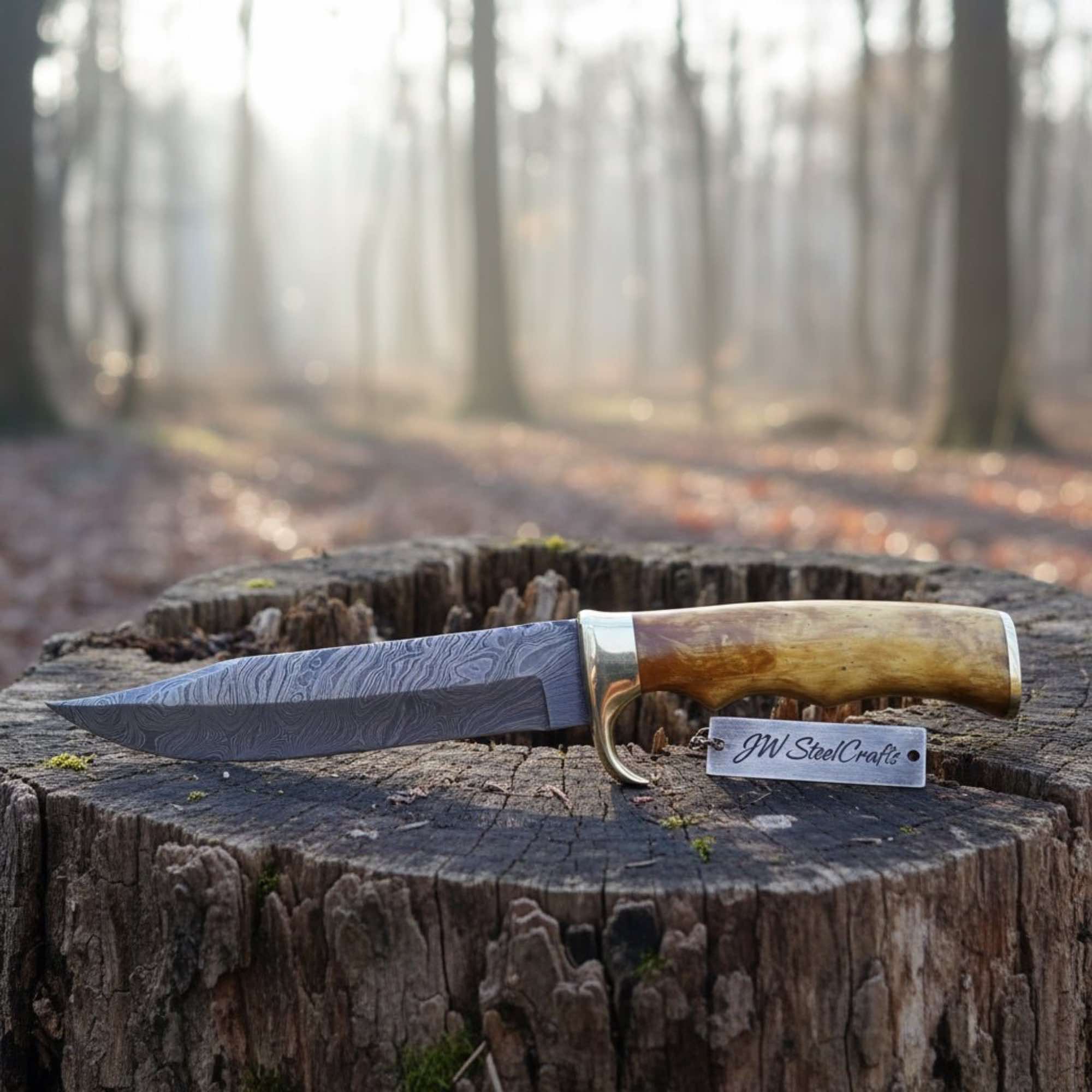 Sheffield Style Bowie Knife Damascus Clip Point Blade Brass Guard Bone Handle Handmade Fixed Blade by JW SteelCrafts, Damascus knife main product photo