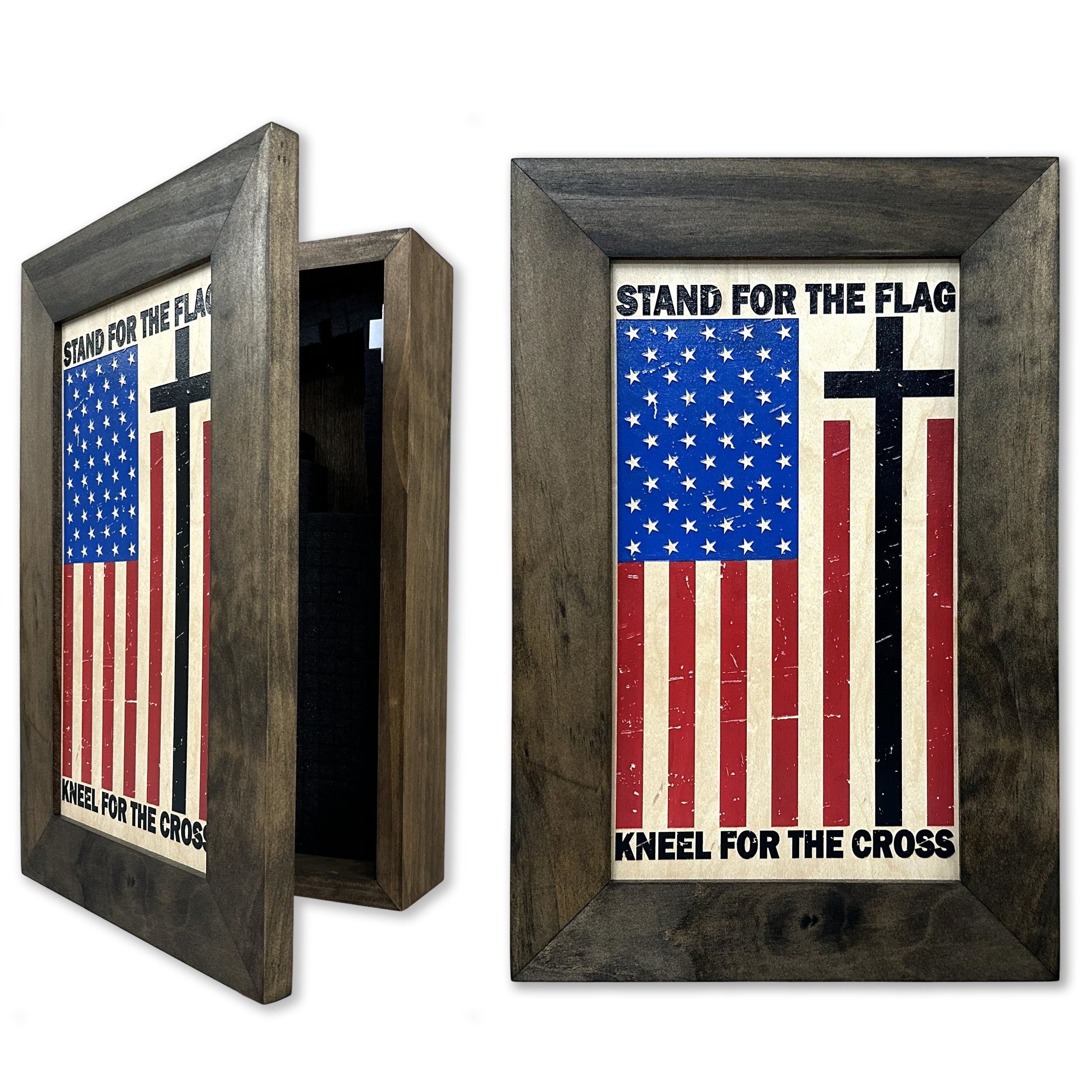 American Flag Hidden Gun Storage Cabinet - Stand For The Flag, Kneel For The Cross Concealed Gun Storage by Bellewood Designs, gun safes main product photo