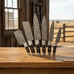 7-Piece Damascus Kitchen Knife Set — Chef, Santoku, Nakiri, Cleaver, Slicing, Utility & Paring with Dark Pakka Wood Handles