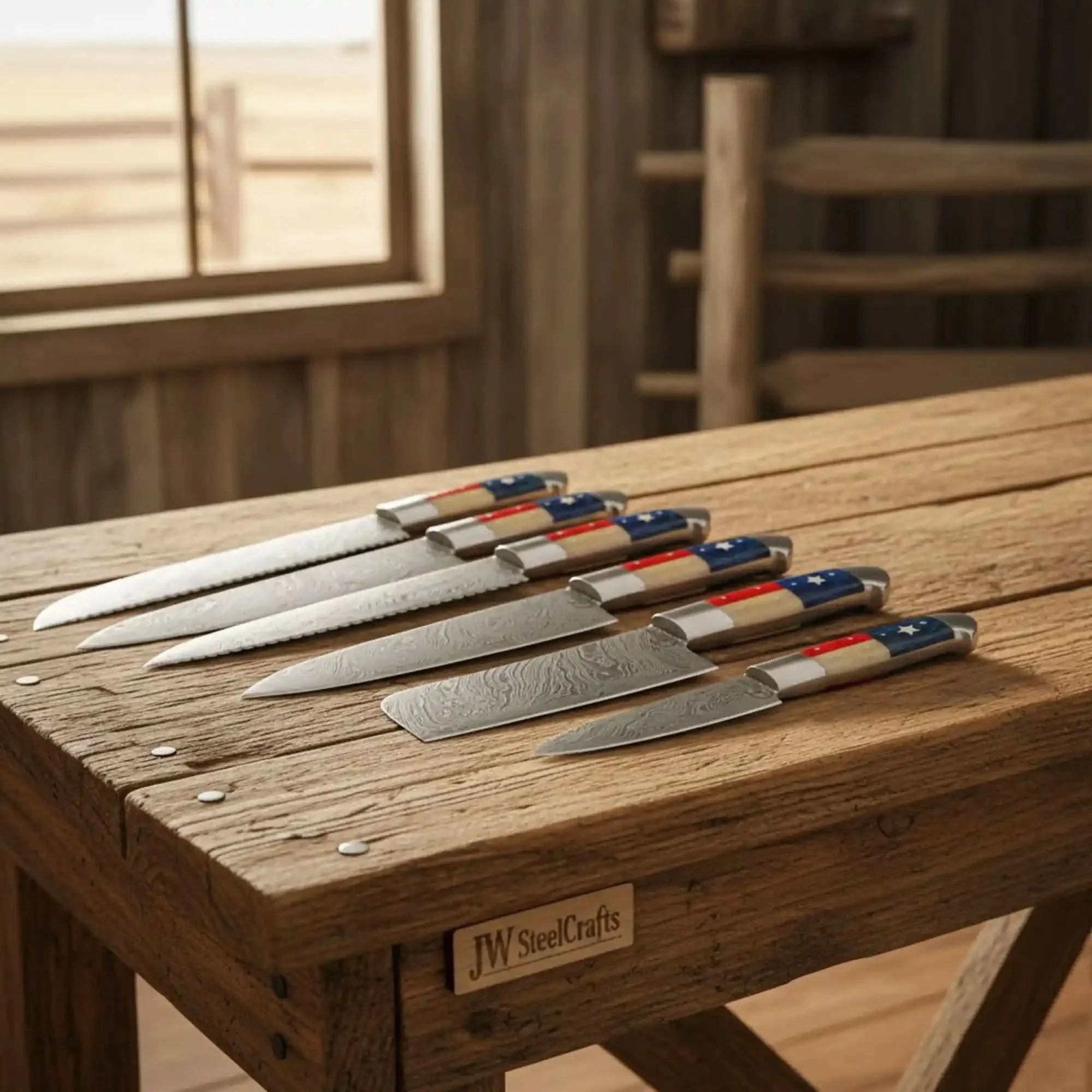 6-Piece Texas Flag Damascus Steak & Utility Knife Set — Pakka Wood & Bone Handles by JW SteelCrafts, Damascus knife main product photo