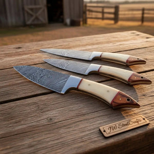 Handmade Damascus Steel Kitchen Knife Set with Bone and Wood Handles