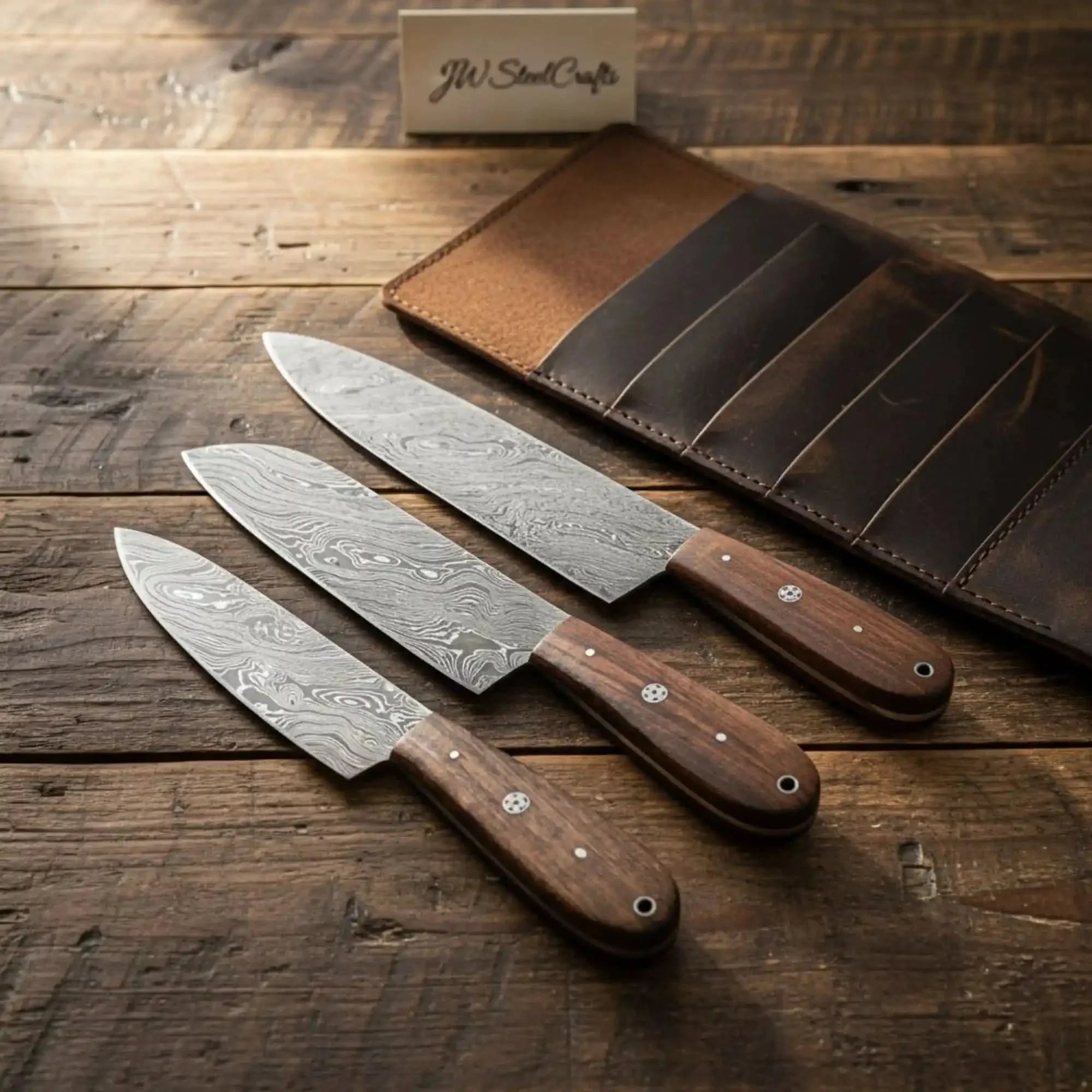 Handmade Damascus Steel Knife Set with Leather Roll, Rosewood Handle Kitchen Collection by JW SteelCrafts, Damascus knife detail photo 2