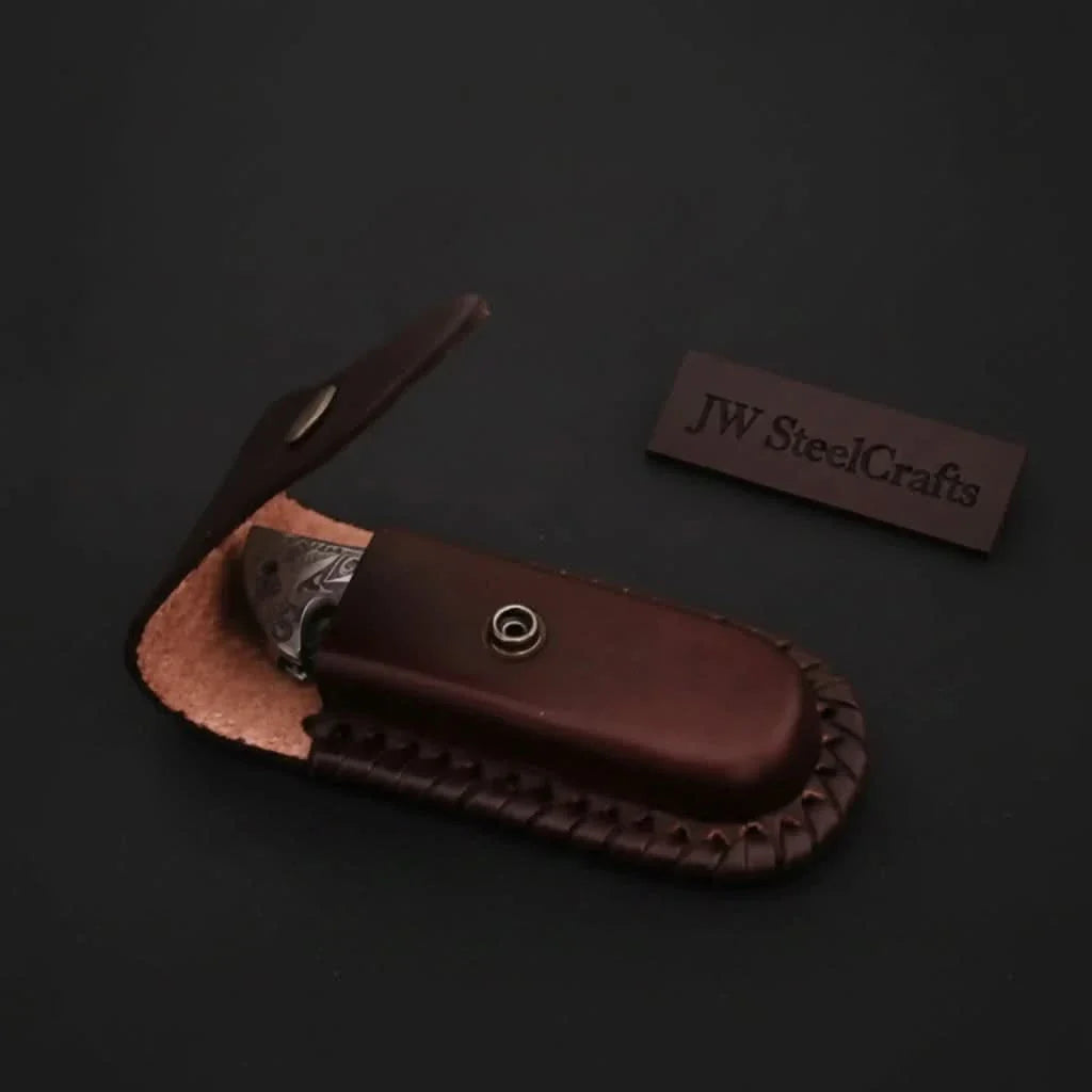 Handmade Damascus Folding Knife with Bone Handle – Compact EDC Pocket Knife with Leather Sheath by JW SteelCrafts, leather knife sheath detail photo 2