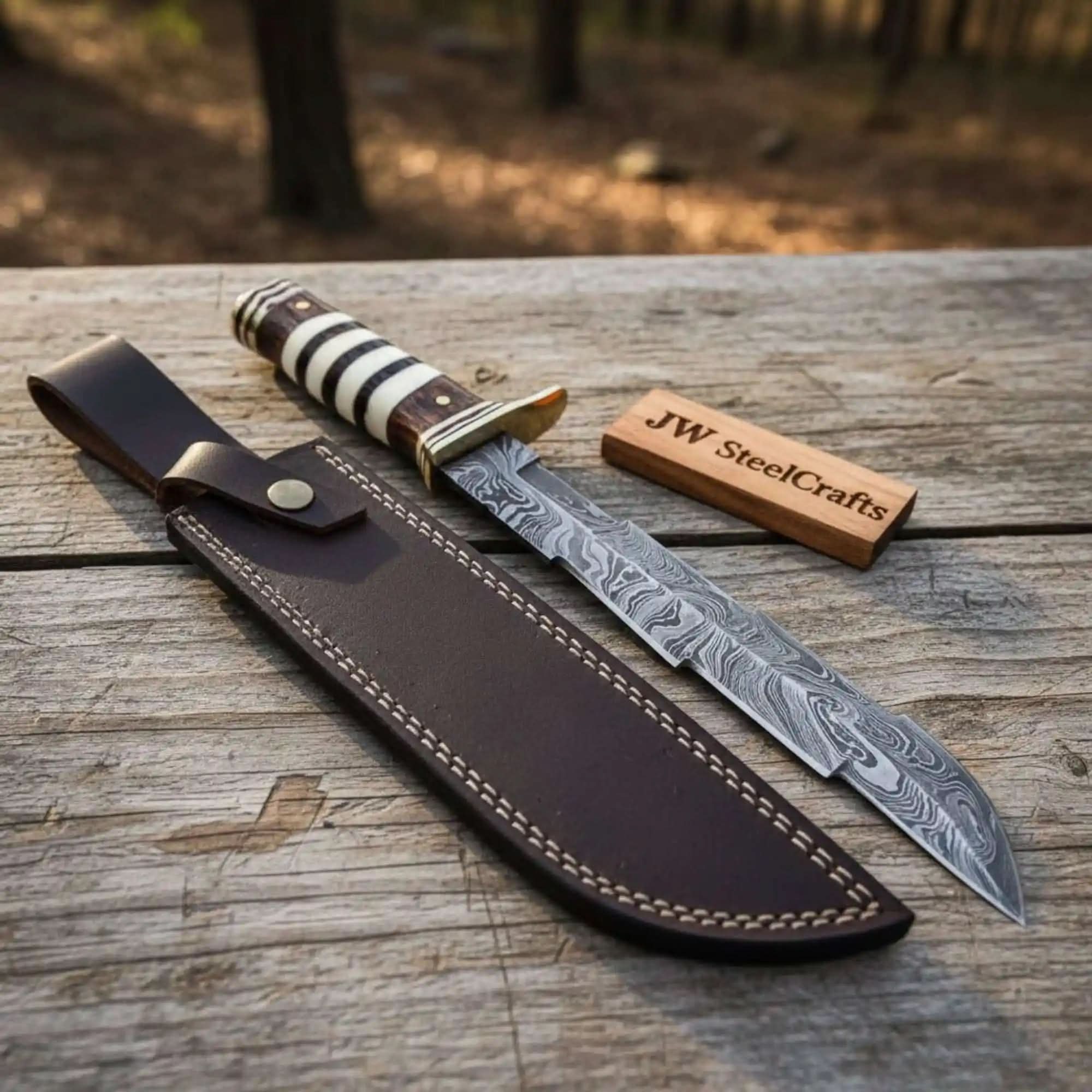 American Clip Point Bowie Knife with Damascus Steel Blade and Rosewood Handle by JW SteelCrafts, Damascus knife main product photo