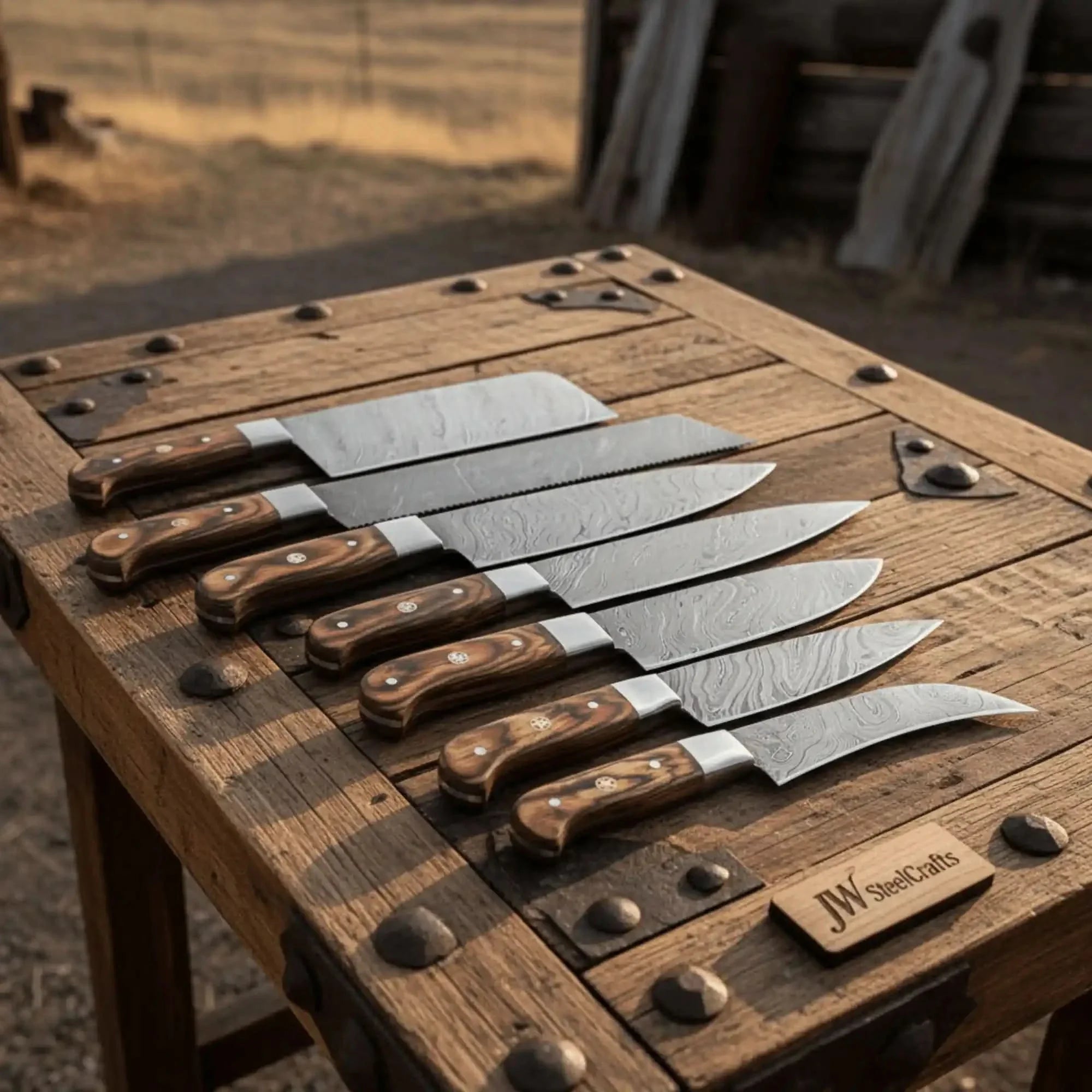 HANDMADE Damascus steel Blades kitchen knife chef knife 7 piece set by JW SteelCrafts, Damascus knife detail photo 2