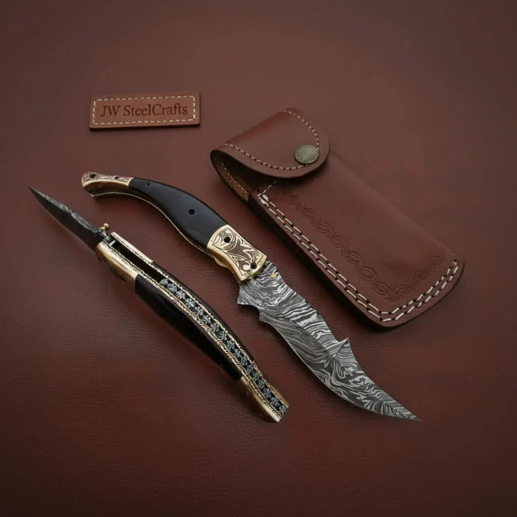 Handmade Damascus Steel Folding Knife with Teal Handle, Engraved Bolster & Leather Sheath by JW SteelCrafts, leather knife sheath main product photo