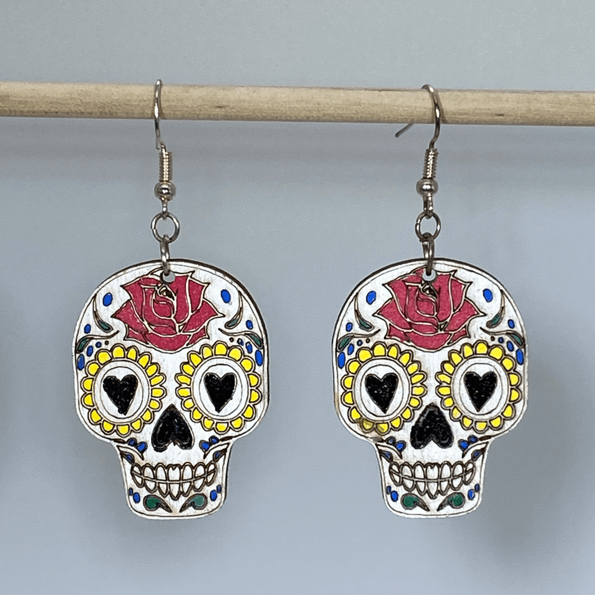 Sugar Skull Wooden Dangle Earrings | Day of the Dead Jewelry by Cate's Concepts, LLC, handmade jewelry detail photo 2