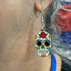 Sugar Skull Wooden Dangle Earrings | Day of the Dead Jewelry