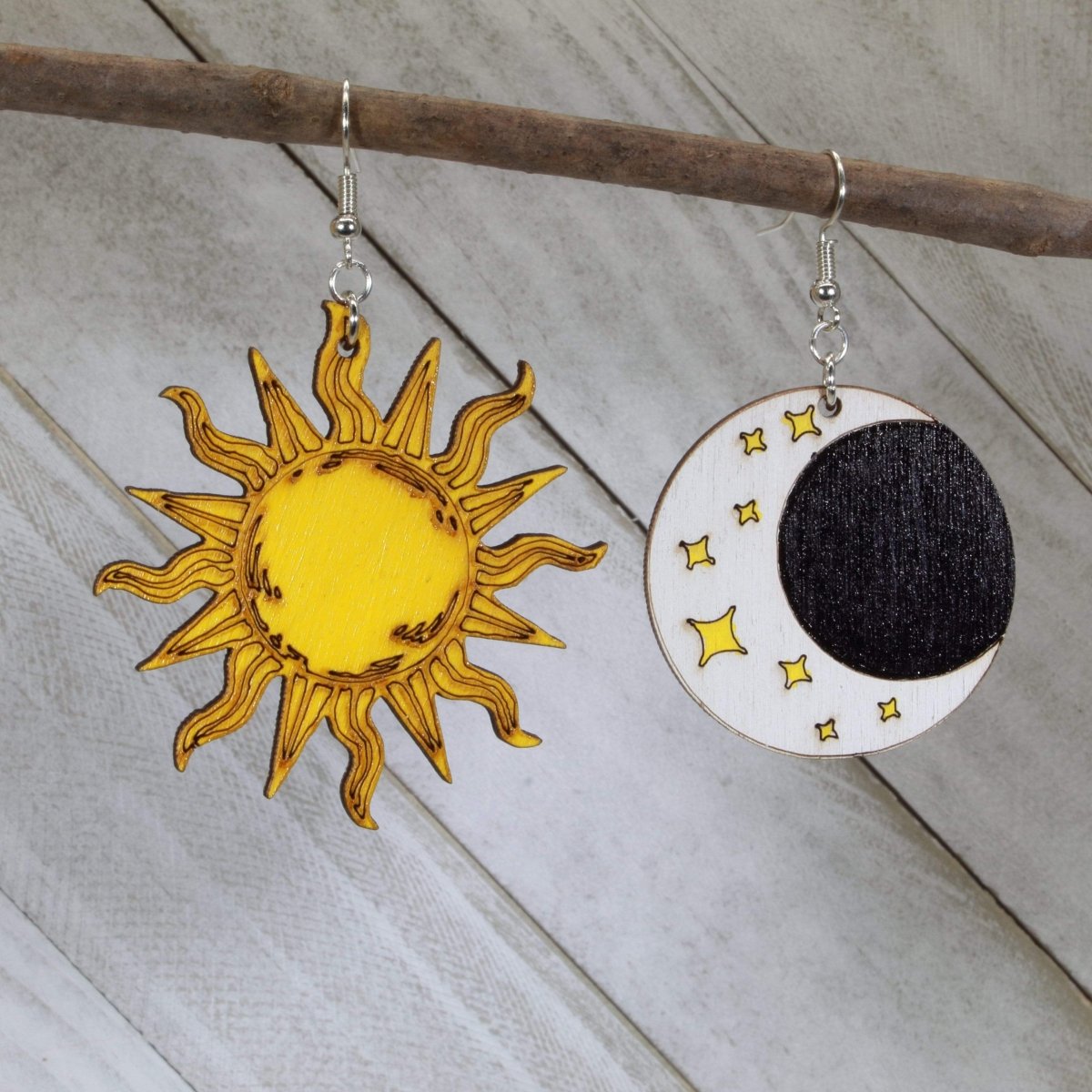 Sun and Moon Wooden Dangle Earrings | Celestial Jewelry detail view by Cate's Concepts, LLC