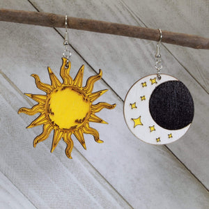 Sun and Moon Wooden Dangle Earrings | Celestial Jewelry detail view by Cate's Concepts, LLC