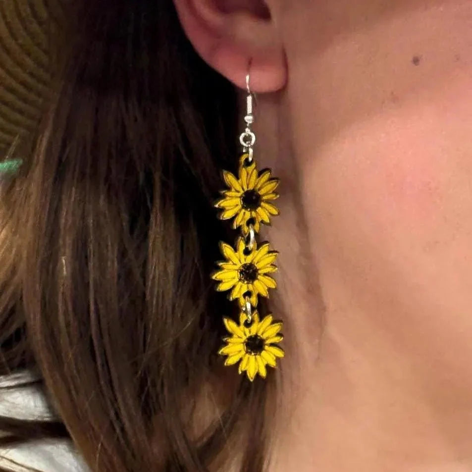 Sunflower Chain Wooden Earrings | Boho Floral Jewelry