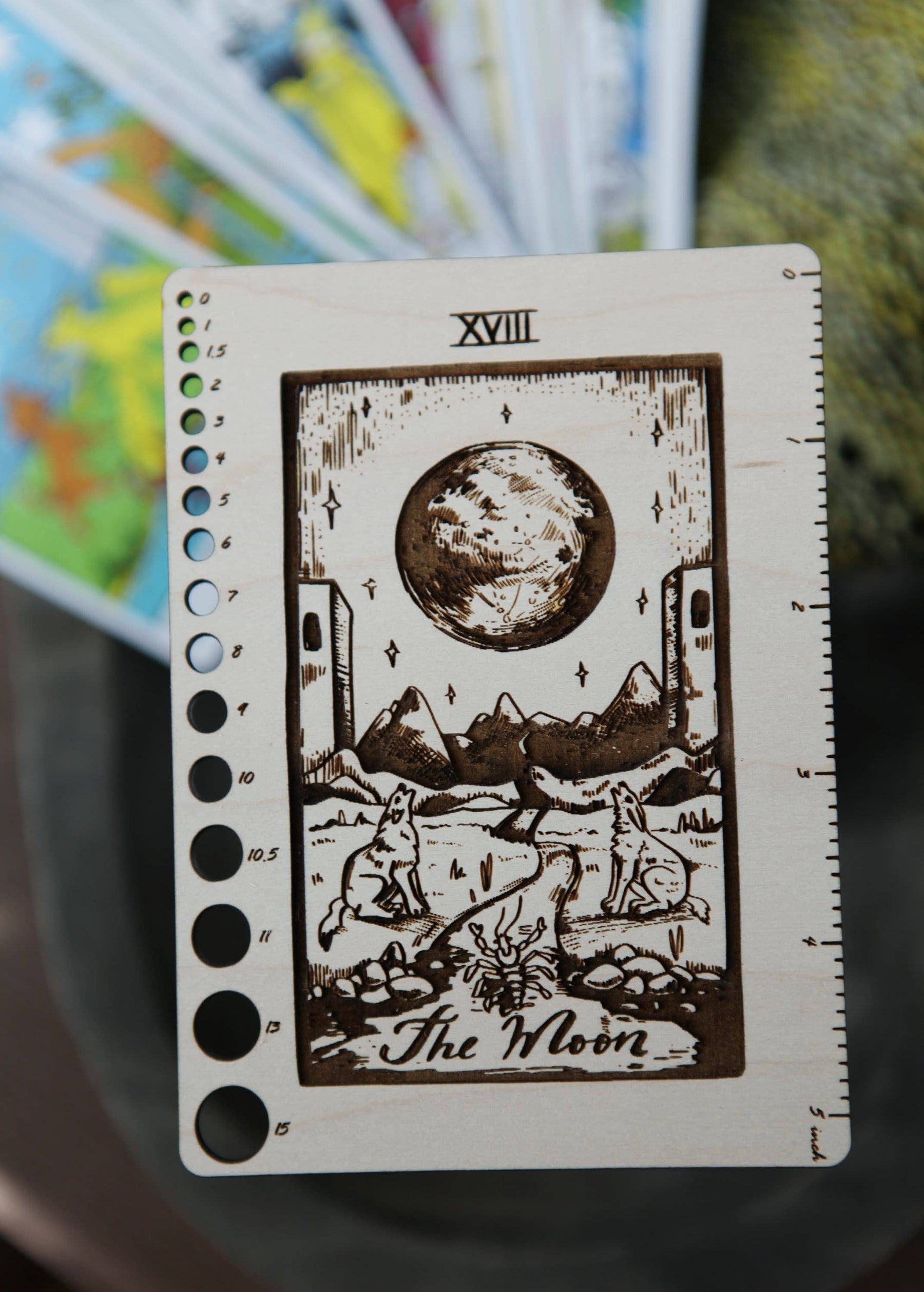 Maple Wood Moon Tarot Card Knitting Needle Gauge & 5" Ruler