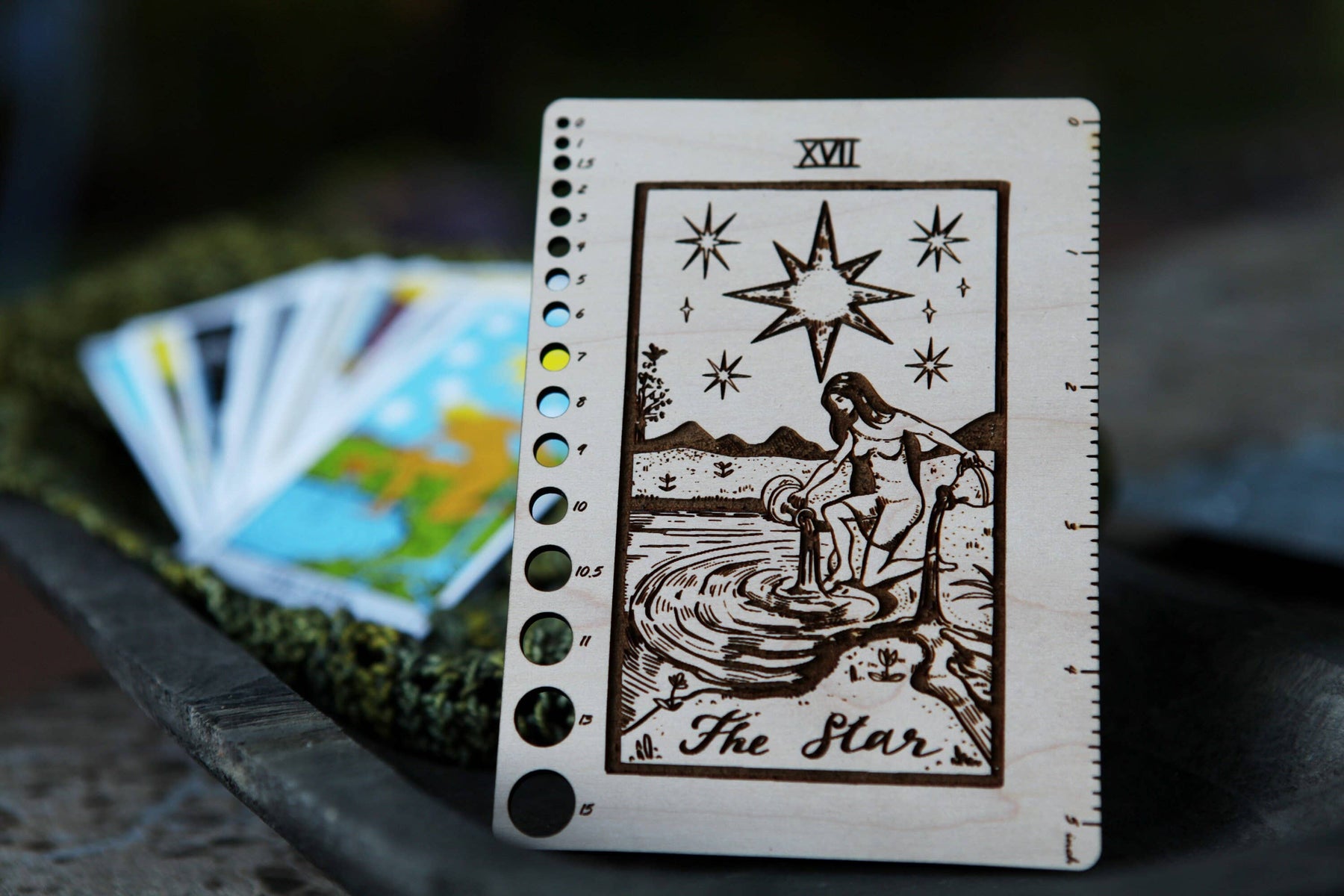 Maple Wood Moon Tarot Card Knitting Needle Gauge & 5" Ruler