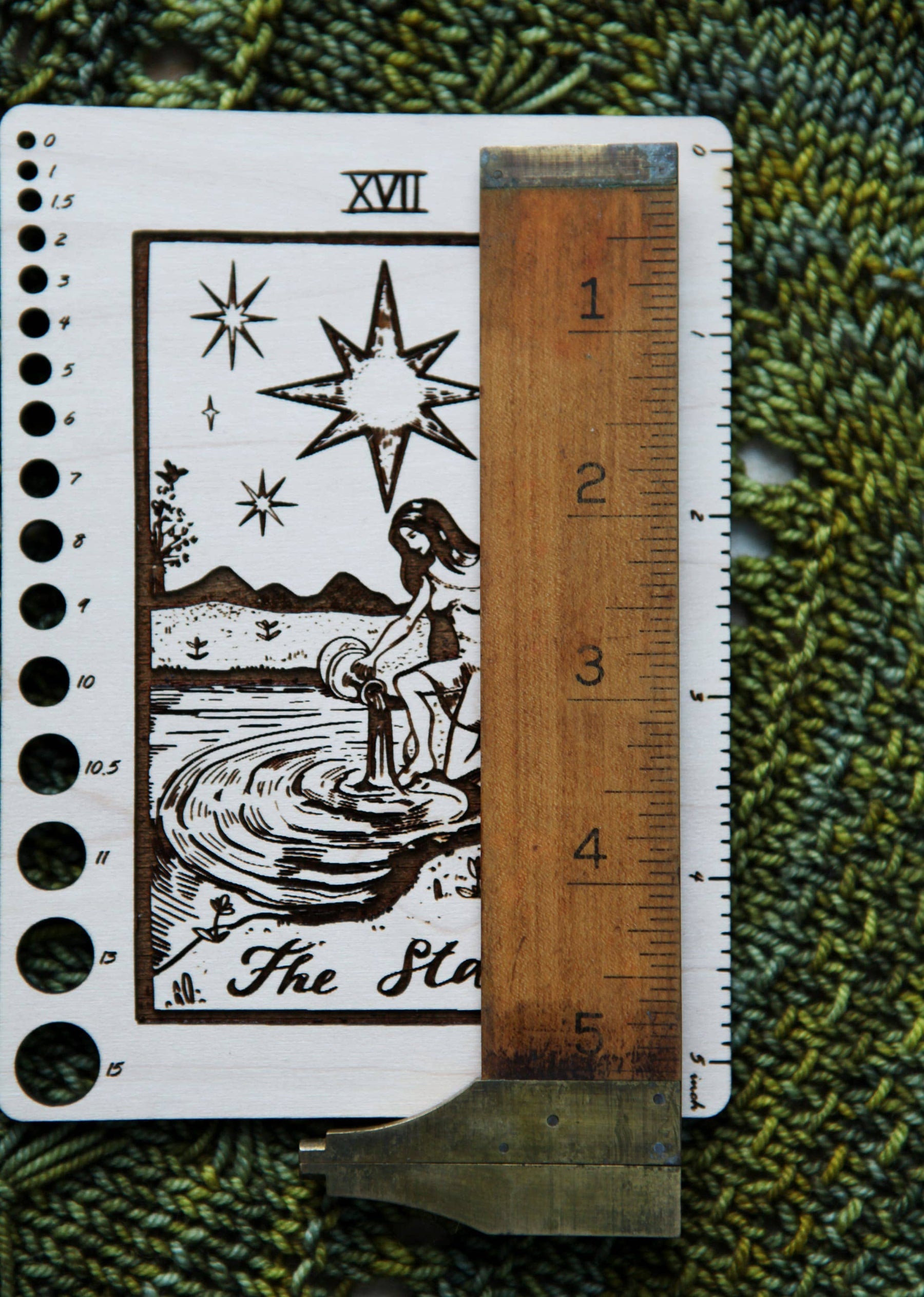 Maple Wood Moon Tarot Card Knitting Needle Gauge & 5" Ruler