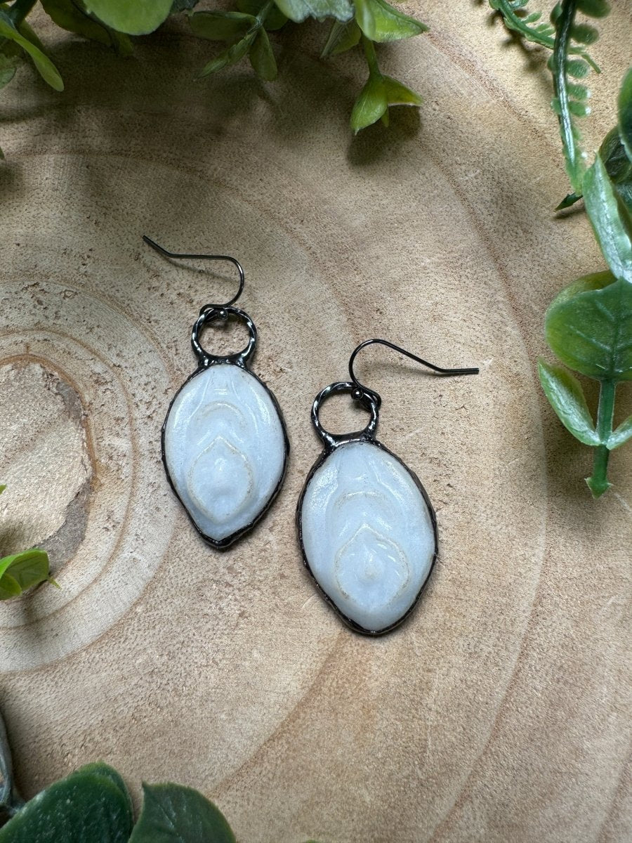 Synthetic White Jade Yoni Earrings (slight discoloration to stone)