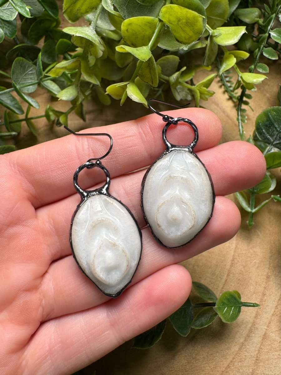 Synthetic White Jade Yoni Earrings (slight discoloration to stone)