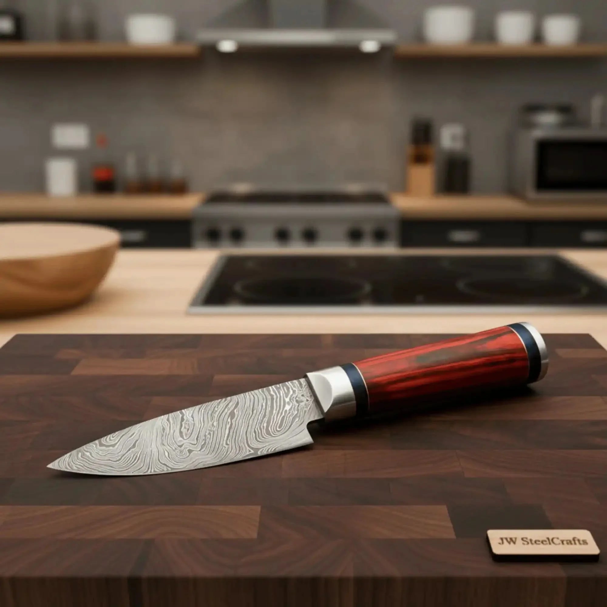 Handmade Damascus Petty Knife – 4-Inch Blade | Red Pakkawood Handle & Steel Bolster | 8" Overall by JW SteelCrafts, Damascus knife main product photo
