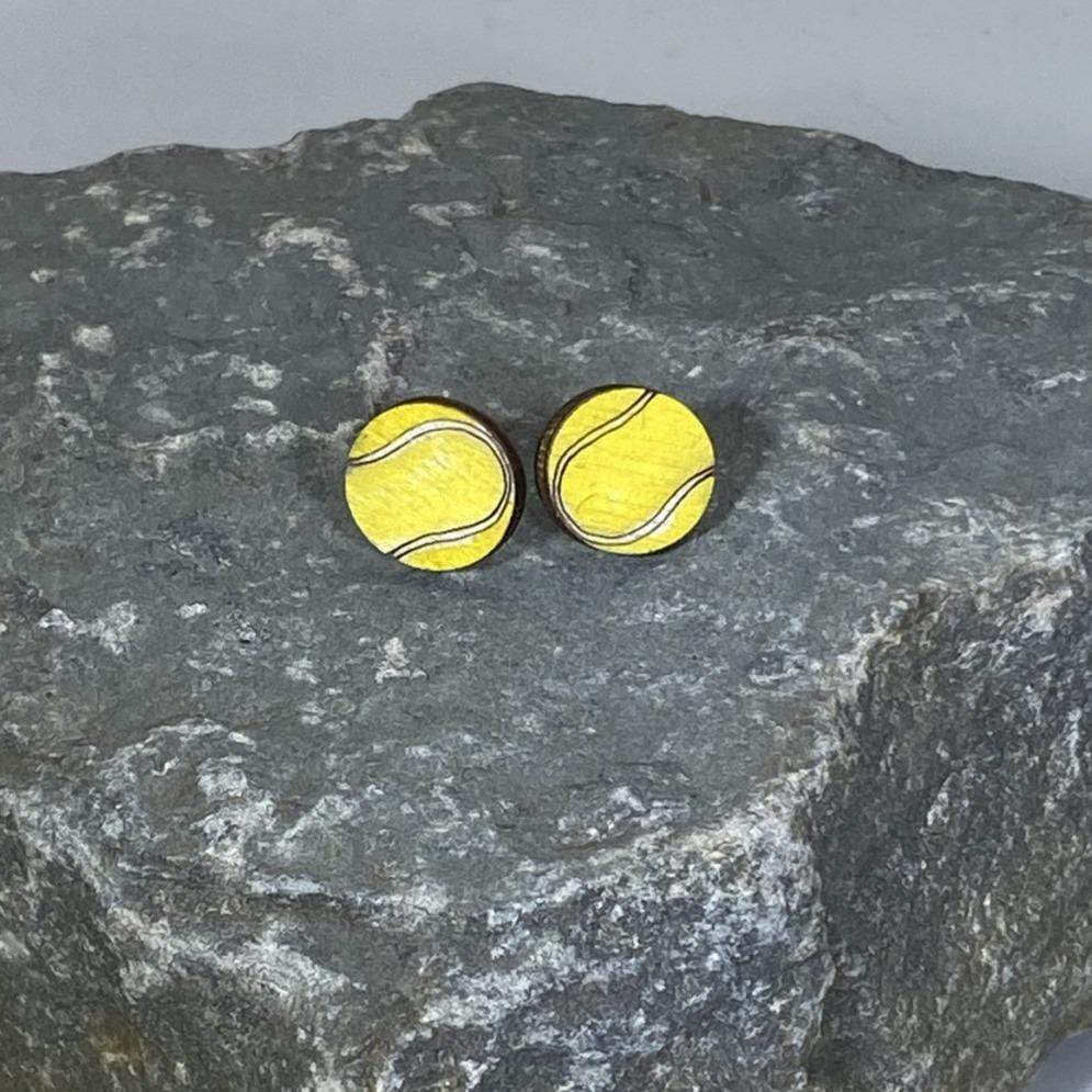 Tennis Ball Wooden Dangle Earrings | Sports Jewelry by Cate's Concepts, LLC, handmade jewelry detail photo 2