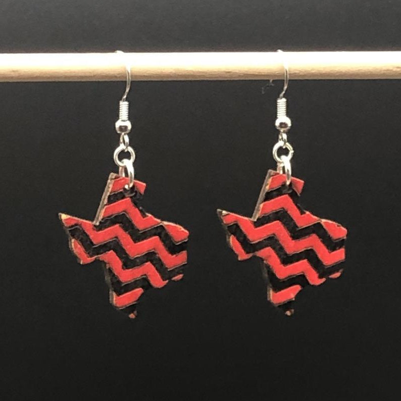 Texas Chevron Wooden Dangle Earrings | Black Red State Jewelry by Cate's Concepts, LLC, handmade jewelry main product photo