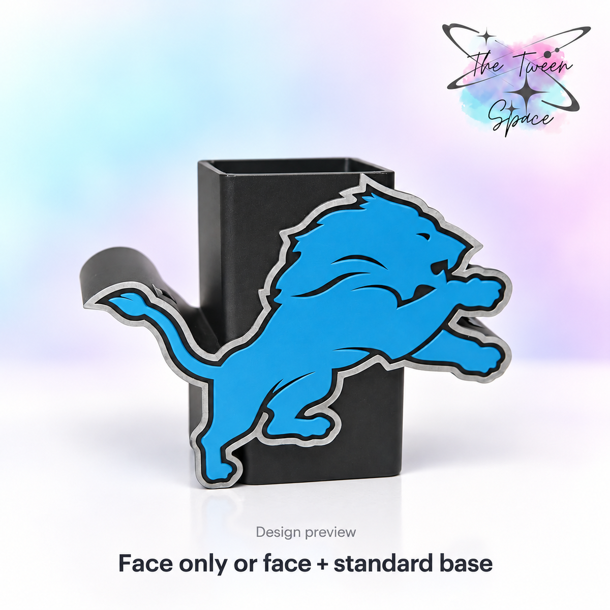 Detroit Lions 3D printed interchangeable face with The Tween Space branding; choose face only or face with standard base