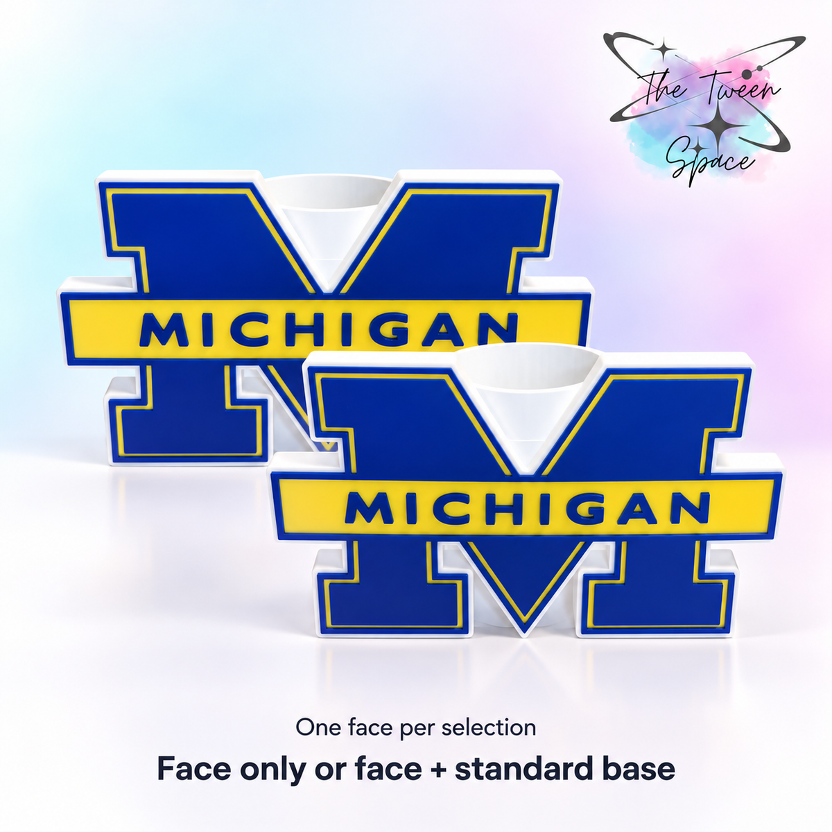 Michigan Wolverines 3D printed interchangeable face with The Tween Space branding; choose face only or face with standard base