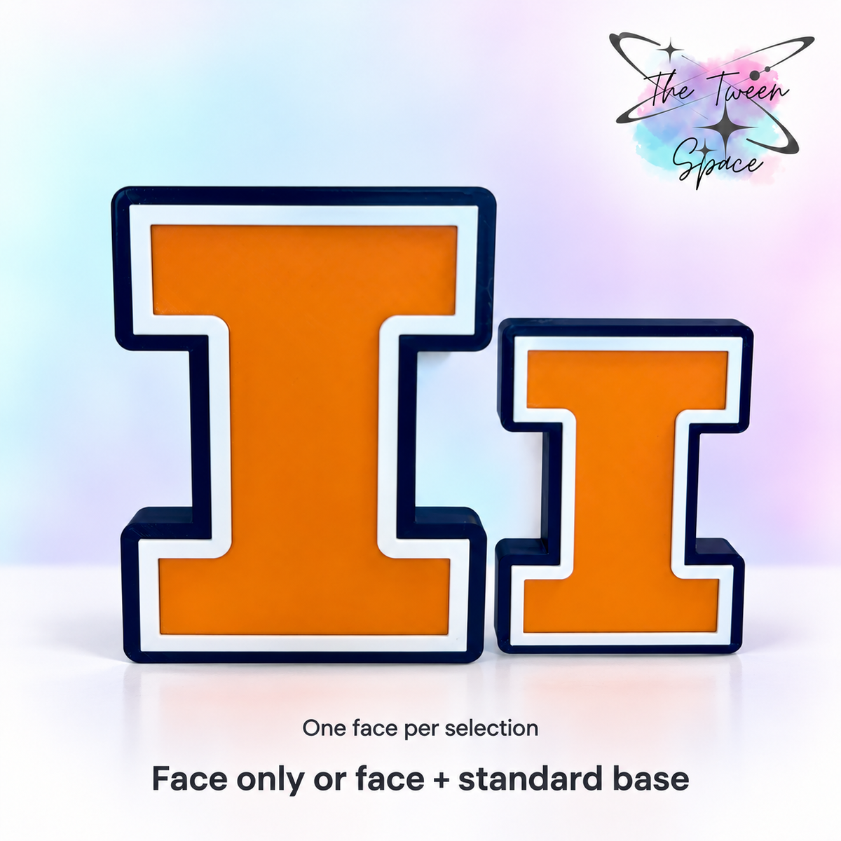 Illinois Fighting Illini 3D printed interchangeable face with The Tween Space branding; choose face only or face with standard base