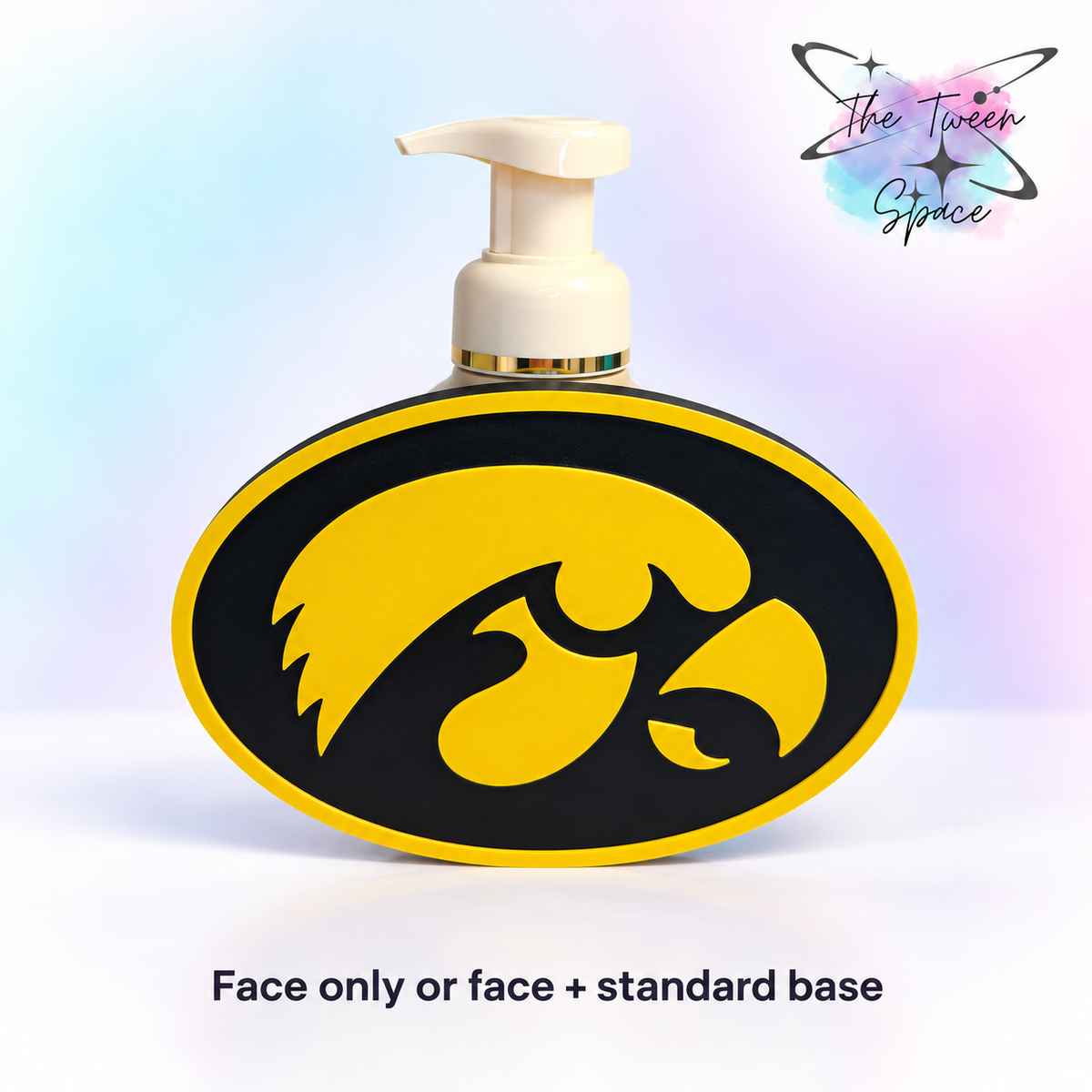 Iowa Hawkeyes 3D printed interchangeable face with The Tween Space branding; choose face only or face with standard base