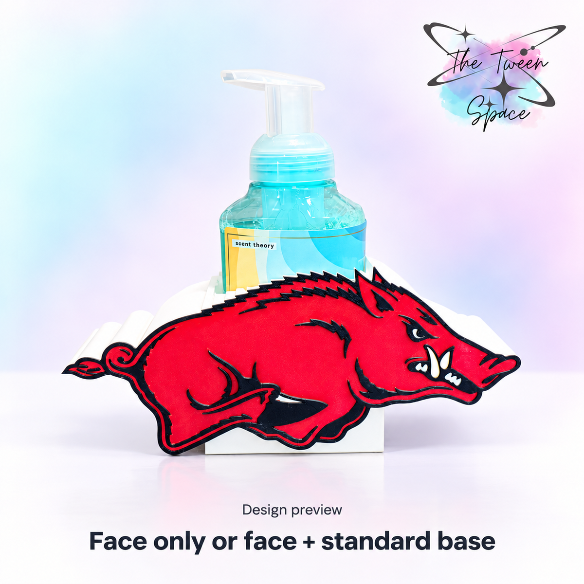 Arkansas Razorbacks 3D printed interchangeable face with The Tween Space branding; choose face only or face with standard base