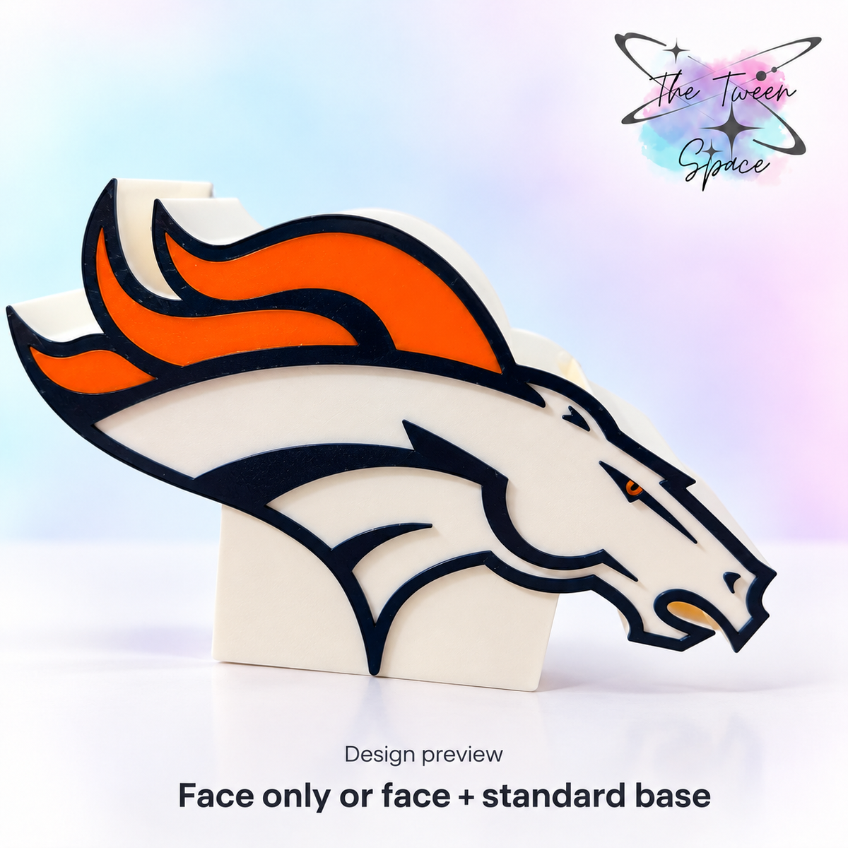 Denver Broncos 3D printed interchangeable face with The Tween Space branding; choose face only or face with standard base