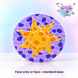 Mosaic Sun interchangeable face by The Tween Space, with orange and yellow sun tiles, purple and lilac background tiles and white outlines