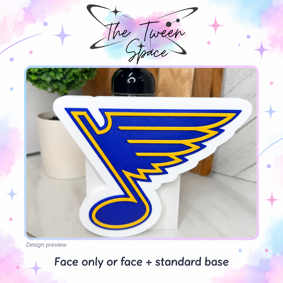 St. Louis Blues 3D printed interchangeable face by The Tween Space; choose face only or face with standard base; pictured source photo is a design preview