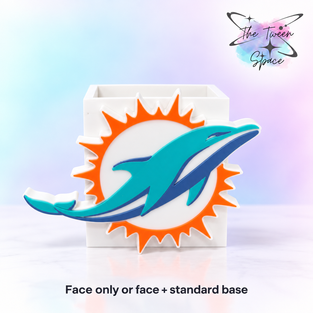 Miami Dolphins 3D printed interchangeable face with The Tween Space branding; choose face only or face with standard base