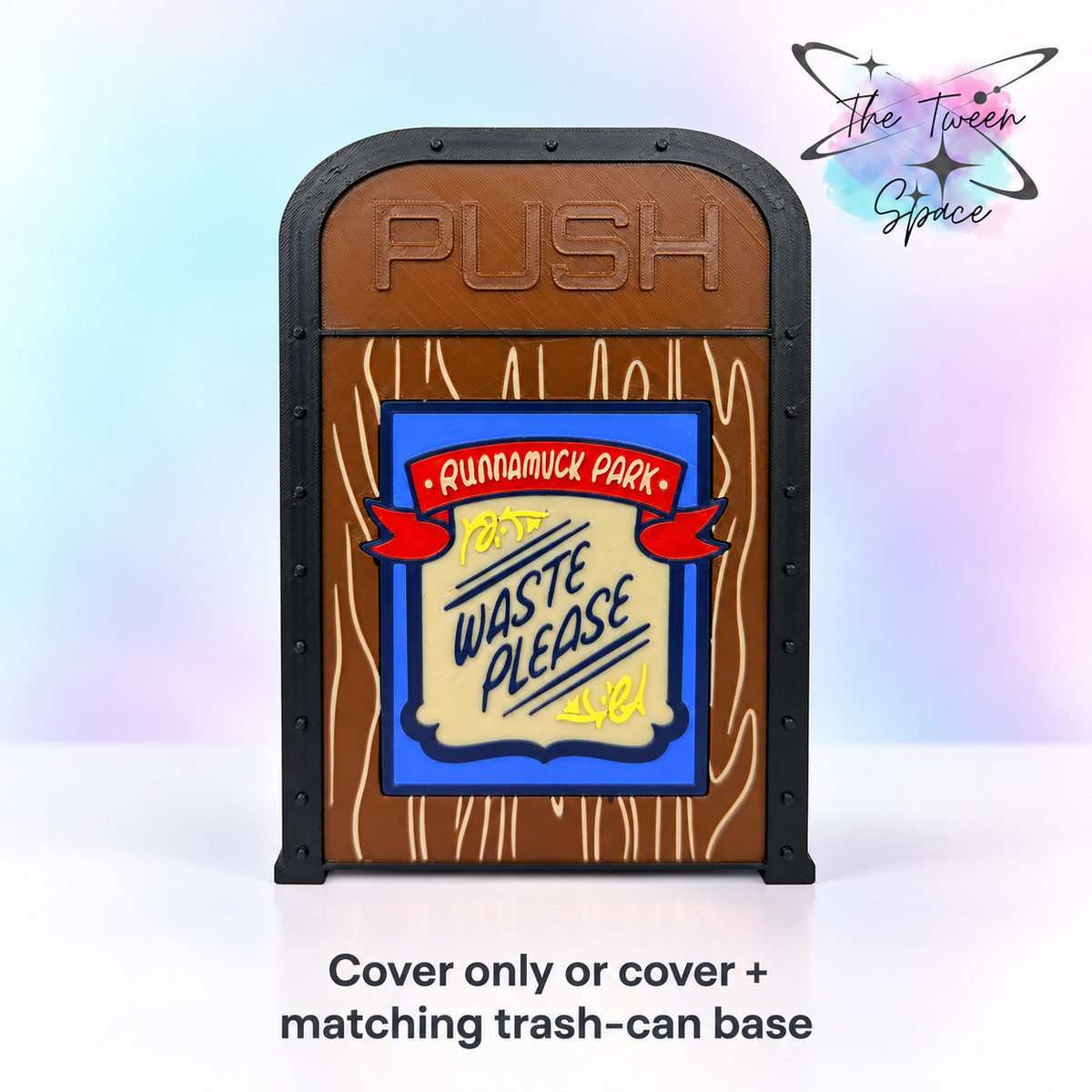 Railroad Interchangeable Trash-Can Cover, one design, with The Tween Space branding; decorative cover or matching set available