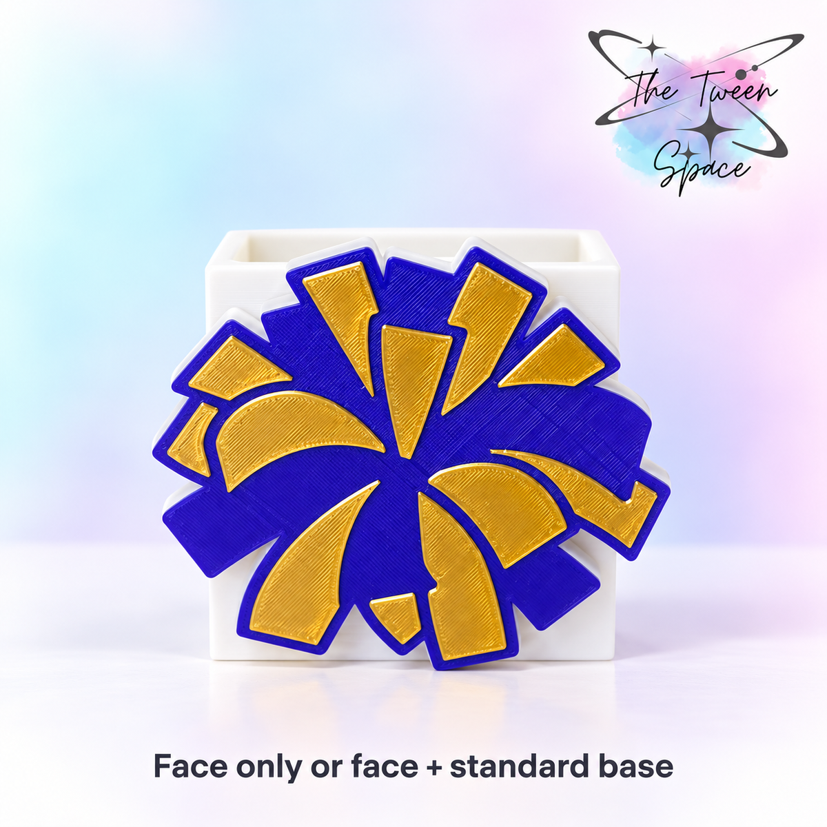 Cheer Pom-Pom - Purple and Gold 3D printed interchangeable face with The Tween Space branding; choose face only or face with standard base