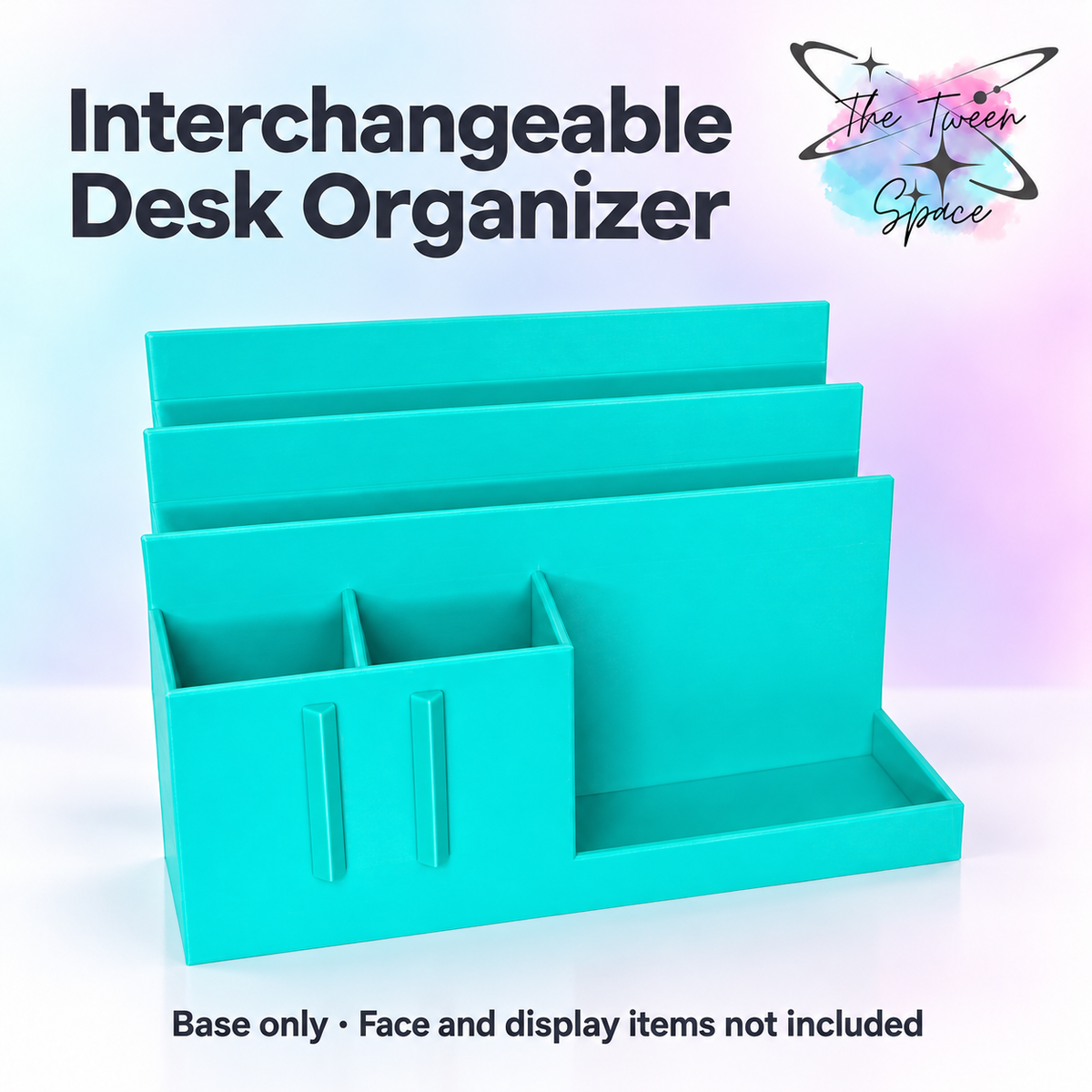 Interchangeable Desk Organizer Base with The Tween Space branding; decorative faces and display accessories not included