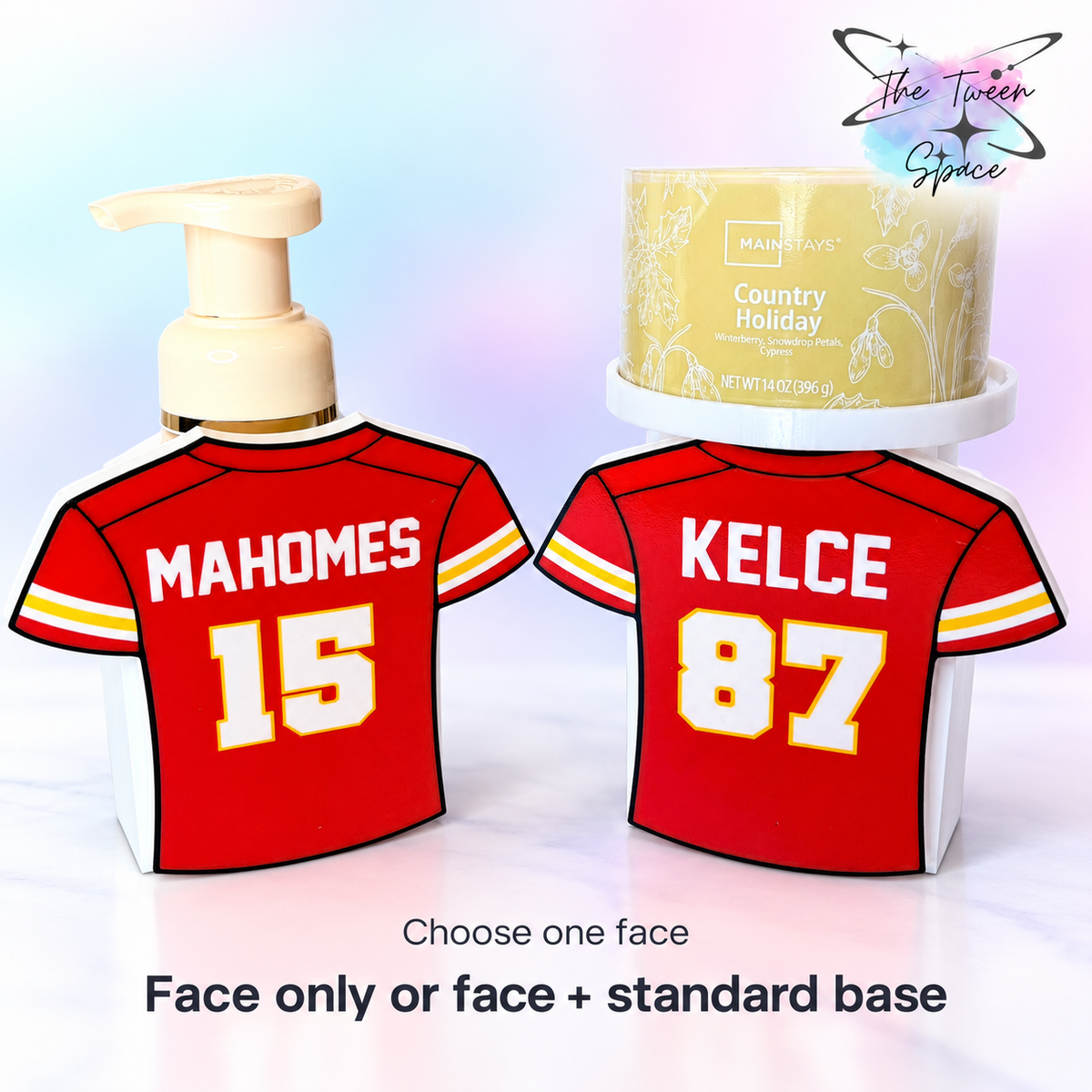 Chiefs jersey interchangeable faces by The Tween Space, showing the fixed MAHOMES 15 and KELCE 87 designs; choose one face
