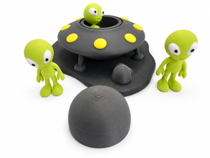 Full view of The Tween Space 3D printed alien UFO playset with green alien figures and gray spaceship