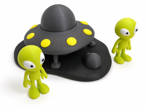 The Tween Space 3D printed alien UFO playset with two green aliens and open spaceship hatch on a white background