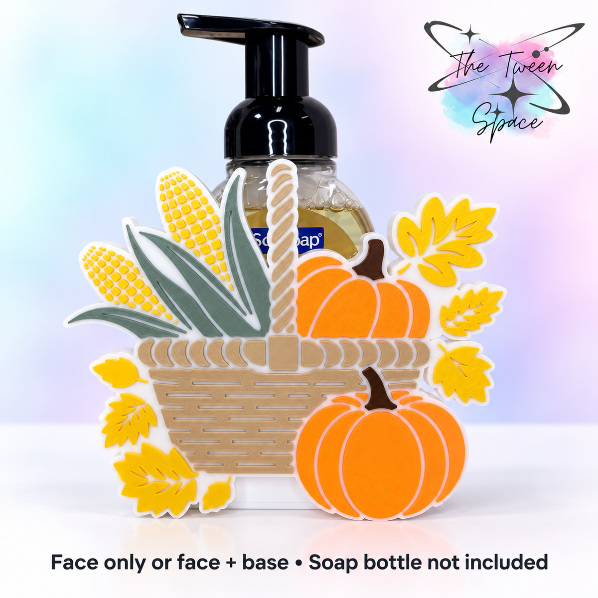 Autumn Harvest Basket interchangeable face by The Tween Space, shown on a standard base with soap bottle for display; choose face only or face plus base.