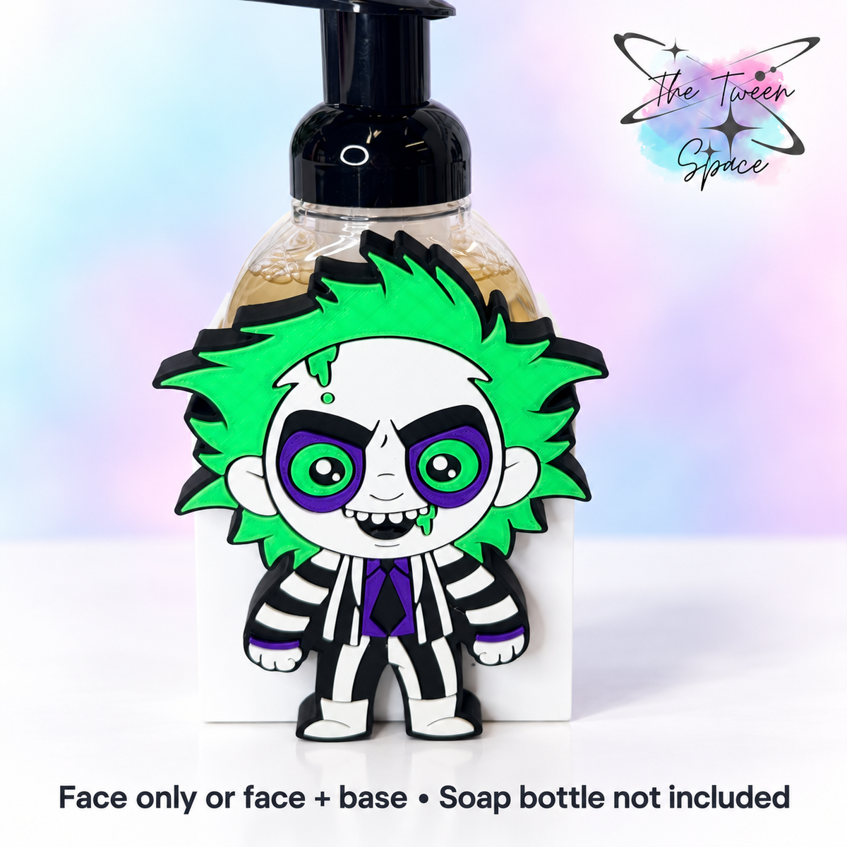 Beetlejuice interchangeable face by The Tween Space, shown on a standard base with soap bottle for display; choose face only or face plus base.