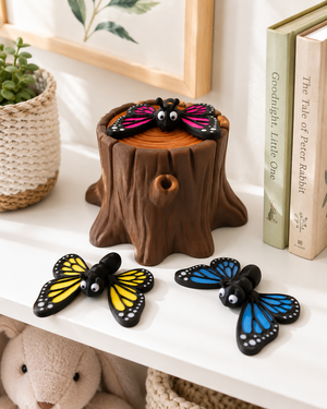 Lifestyle photo of The Tween Space butterfly playset styled on a nursery shelf with books and soft decor